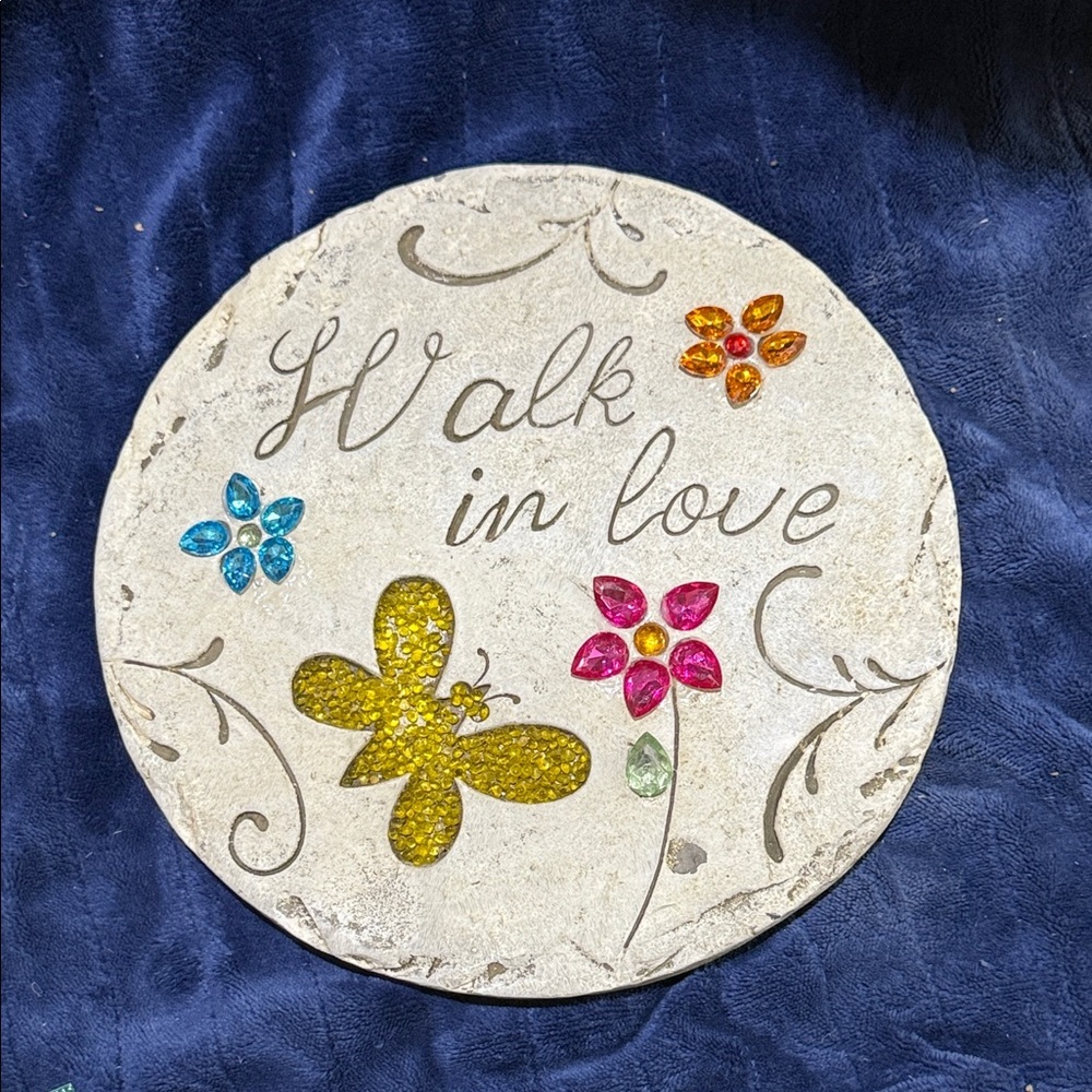 “Walk in Love” Round Garden Stone with Colorful Gem Embellishments